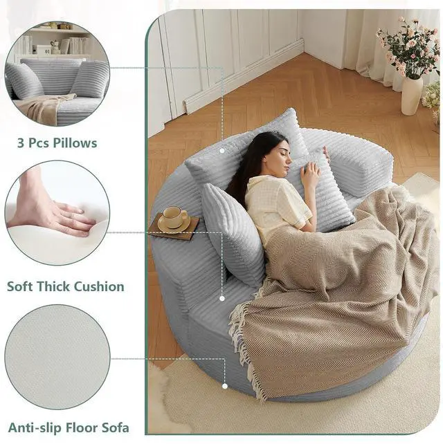 Alt view image 3 of 7 - 55'' Oversized Round Lounge Chair Indoor, Corduroy Upholstered Large Lounge Chaise, Cloud Soft Circle Sofa Bed for Reading,Living Room,Bedroom,No Assembly Required,Light Grey
