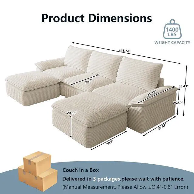 Alt view image 2 of 6 - 111" Cloud Sectional Couch with U-Shaped Chaise,Corduroy Viral Boneless Sofa with Ottoman,Memory Foam Couces in a Box with Deep Seat for Living Room,No Assembly Required (White)