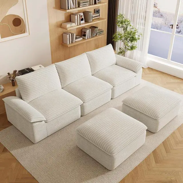 Alt view image 3 of 6 - 111" Cloud Sectional Couch with U-Shaped Chaise,Corduroy Viral Boneless Sofa with Ottoman,Memory Foam Couces in a Box with Deep Seat for Living Room,No Assembly Required (White)