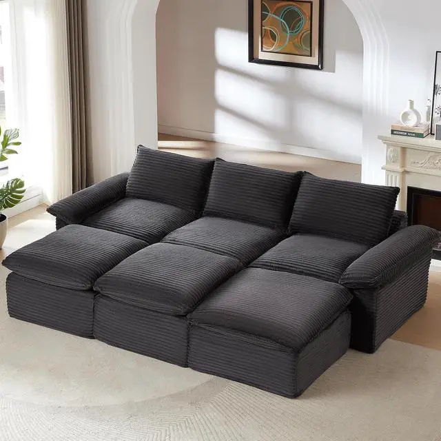 Alt view image 4 of 6 - 111" Cloud Sectional Couch,Corduroy Viral Boneless Sofa with Ottomans,Memory Foam Couces in a Box with Deep Seat for Living Room,No Assembly Required (Dark Grey)