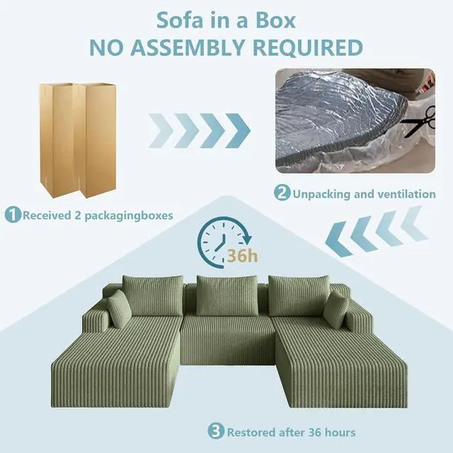 Alt view image 6 of 7 - 107" W Cloud Sectional Couch,Modern U-Shaped Cloud Couch with Deep Seat,Comfy Corduroy 3-Seater Sofa,Memory Foam Sofa for Living Room,No Assembly (Green)