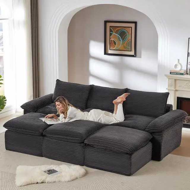 Alt view image 5 of 6 - 111" Cloud Sectional Couch,Corduroy Viral Boneless Sofa with Ottomans,Memory Foam Couces in a Box with Deep Seat for Living Room,No Assembly Required (Dark Grey)