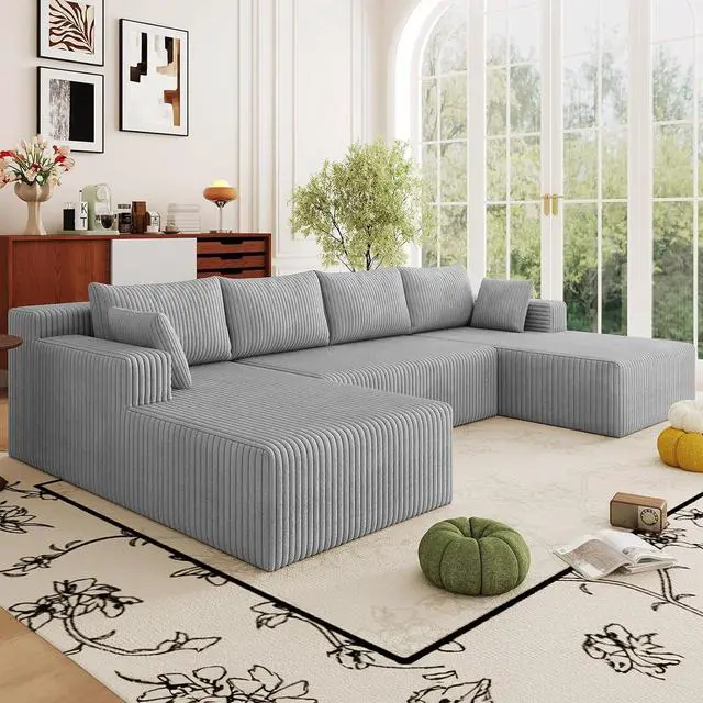 Main image of 124" Cloud Sectional Couch,Modern U-Shaped Boneless Couch with Deep Seat,Comfy Corduroy 4-Seater Sofa,Memory Foam Sofa for Living Room,No Assembly Required (Light Grey)