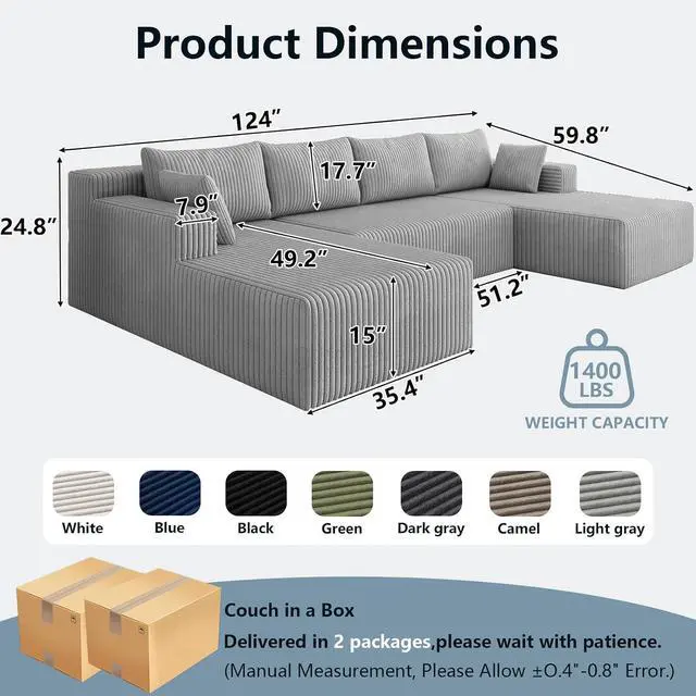 Alt view image 2 of 7 - 124" Cloud Sectional Couch,Modern U-Shaped Boneless Couch with Deep Seat,Comfy Corduroy 4-Seater Sofa,Memory Foam Sofa for Living Room,No Assembly Required (Light Grey)