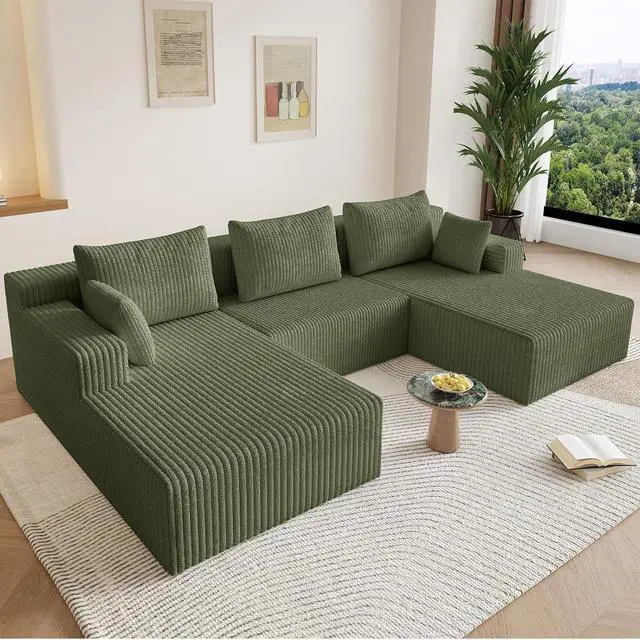 Alt view image 7 of 7 - 107" W Cloud Sectional Couch,Modern U-Shaped Cloud Couch with Deep Seat,Comfy Corduroy 3-Seater Sofa,Memory Foam Sofa for Living Room,No Assembly (Green)
