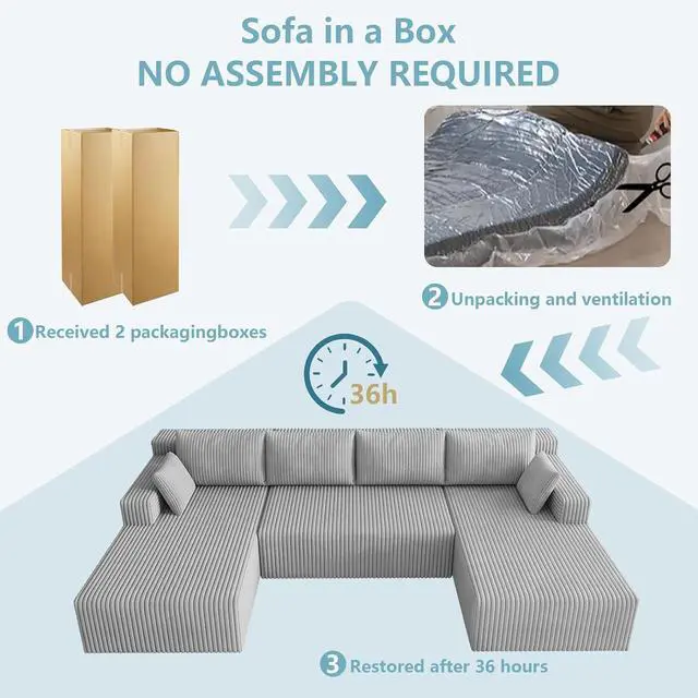 Alt view image 7 of 7 - 124" Cloud Sectional Couch,Modern U-Shaped Boneless Couch with Deep Seat,Comfy Corduroy 4-Seater Sofa,Memory Foam Sofa for Living Room,No Assembly Required (Light Grey)