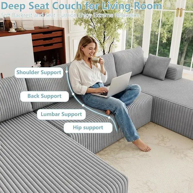 Alt view image 6 of 7 - 124" Cloud Sectional Couch,Modern U-Shaped Boneless Couch with Deep Seat,Comfy Corduroy 4-Seater Sofa,Memory Foam Sofa for Living Room,No Assembly Required (Light Grey)