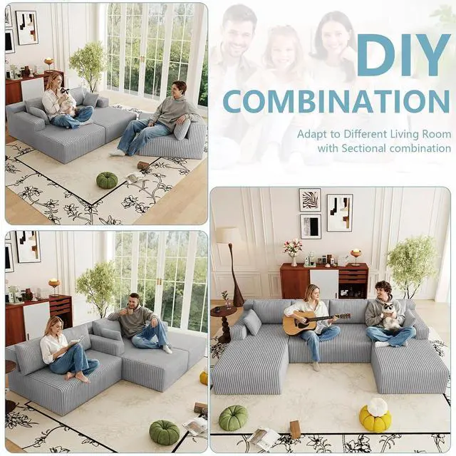 Alt view image 4 of 7 - 124" Cloud Sectional Couch,Modern U-Shaped Boneless Couch with Deep Seat,Comfy Corduroy 4-Seater Sofa,Memory Foam Sofa for Living Room,No Assembly Required (Light Grey)