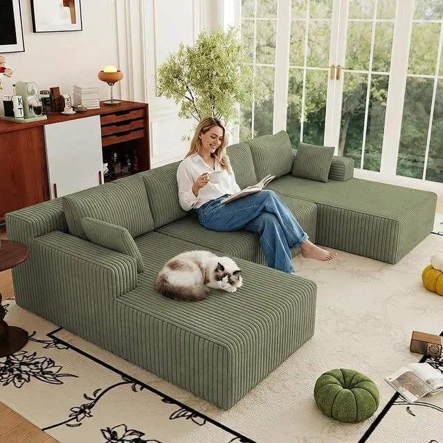 Main image of 124" Cloud Sectional Couch,Modern U-Shaped Boneless Couch with Deep Seat,Comfy Corduroy 4-Seater Sofa,Memory Foam Sofa for Living Room,No Assembly Required (Green)