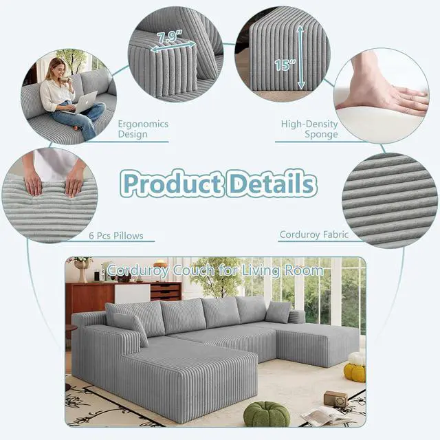 Alt view image 5 of 7 - 124" Cloud Sectional Couch,Modern U-Shaped Boneless Couch with Deep Seat,Comfy Corduroy 4-Seater Sofa,Memory Foam Sofa for Living Room,No Assembly Required (Light Grey)
