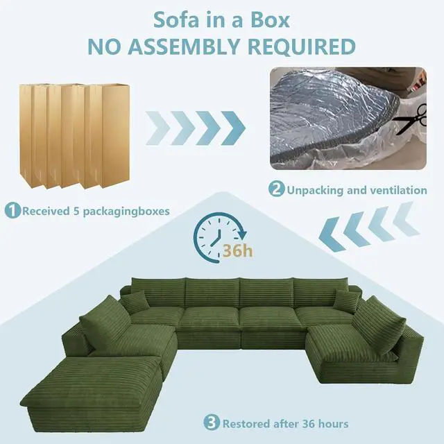 Alt view image 7 of 7 - 136" Cloud Sectional Couch with U-Shaped Chaise,6-Seater Corduroy Viral Boneless Sofa with Ottoman,Memory Foam Couches in a Box with Deep Seat for Living Room,No Assembly Required, Green