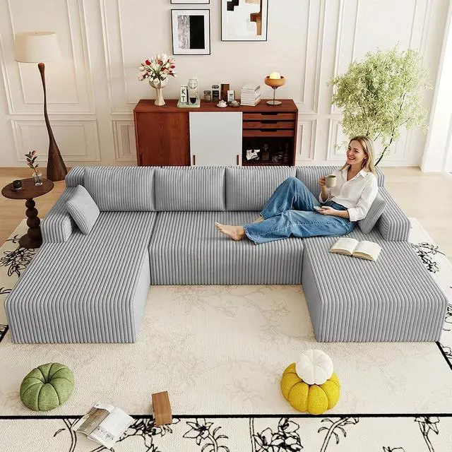 Alt view image 3 of 7 - 124" Cloud Sectional Couch,Modern U-Shaped Boneless Couch with Deep Seat,Comfy Corduroy 4-Seater Sofa,Memory Foam Sofa for Living Room,No Assembly Required (Light Grey)