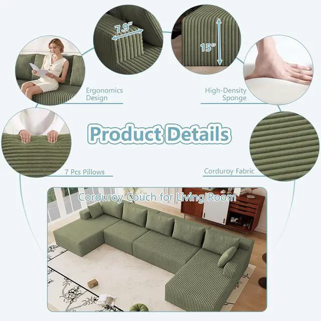 Alt view image 3 of 7 - 160" W Cloud Sectional Couch,Modern U-Shaped Cloud Couch with Deep Seat,Comfy Corduroy 5-Seater Sofa,Memory Foam Sofa for Living Room,No Assembly (Green)