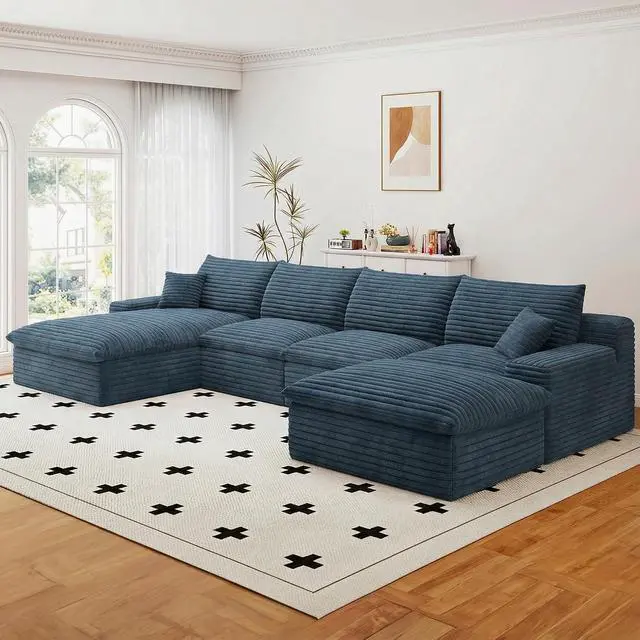 Alt view image 4 of 7 - 136" Cloud Sectional Couch with U-Shaped Chaise,Corduroy Viral Boneless Sofa with Ottoman,Memory Foam Couches in a Box with Deep Seat for Living Room,No Assembly Required (Blue,Left-Facing Chaise)