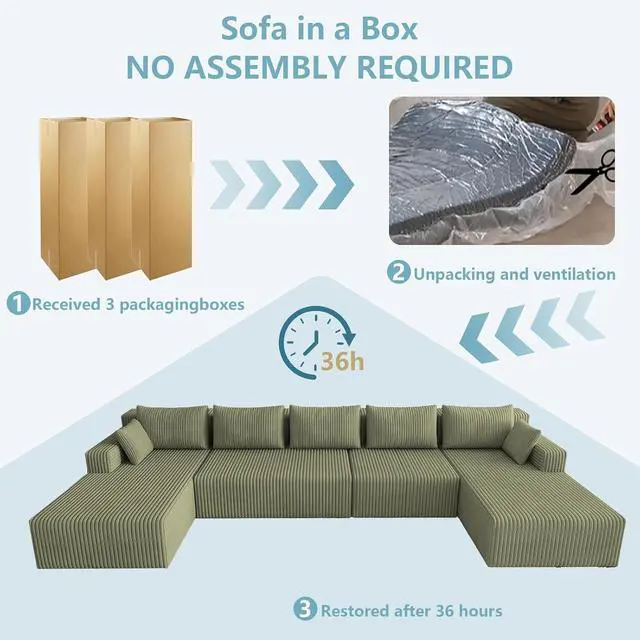Alt view image 6 of 7 - 160" W Cloud Sectional Couch,Modern U-Shaped Cloud Couch with Deep Seat,Comfy Corduroy 5-Seater Sofa,Memory Foam Sofa for Living Room,No Assembly (Green)