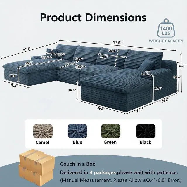 Alt view image 2 of 7 - 136" Cloud Sectional Couch with U-Shaped Chaise,Corduroy Viral Boneless Sofa with Ottoman,Memory Foam Couches in a Box with Deep Seat for Living Room,No Assembly Required (Blue,Left-Facing Chaise)