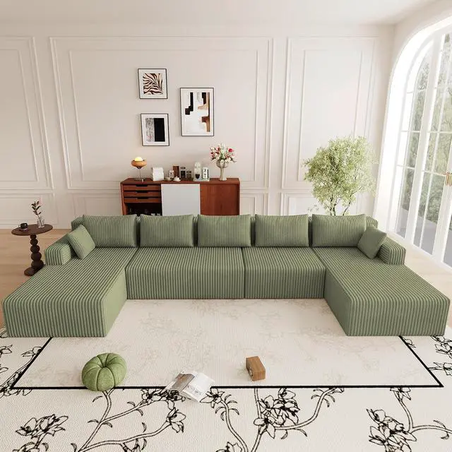 Alt view image 4 of 7 - 160" W Cloud Sectional Couch,Modern U-Shaped Cloud Couch with Deep Seat,Comfy Corduroy 5-Seater Sofa,Memory Foam Sofa for Living Room,No Assembly (Green)