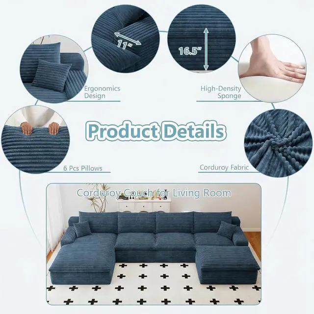 Alt view image 3 of 7 - 136" Cloud Sectional Couch with U-Shaped Chaise,Corduroy Viral Boneless Sofa with Ottoman,Memory Foam Couches in a Box with Deep Seat for Living Room,No Assembly Required (Blue,Left-Facing Chaise)