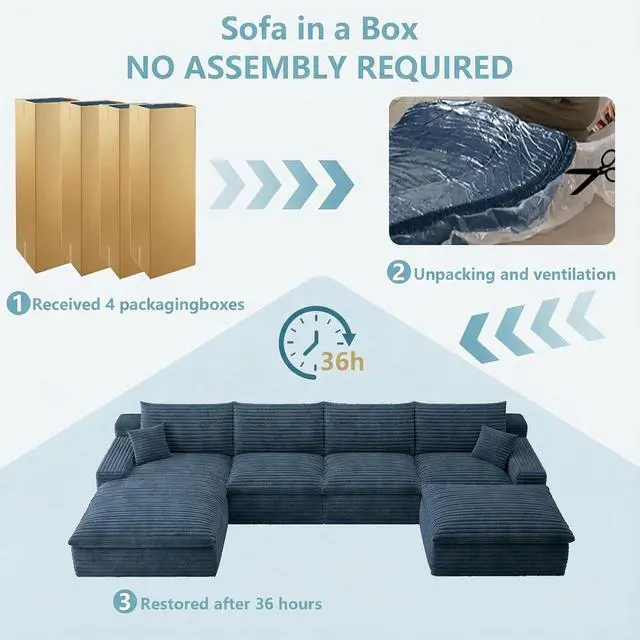 Alt view image 7 of 7 - 136" Cloud Sectional Couch with U-Shaped Chaise,Corduroy Viral Boneless Sofa with Ottoman,Memory Foam Couches in a Box with Deep Seat for Living Room,No Assembly Required (Blue,Left-Facing Chaise)