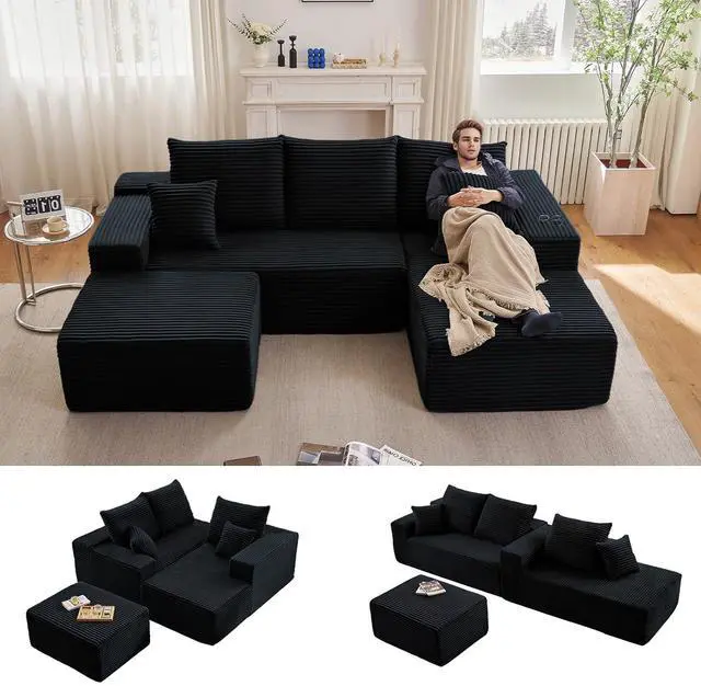 Main image of 95" W Cloud Sectional Couch with Ottoman,Modern U-Shaped Cloud Couch with Deep Seat,Comfy Corduroy 3-Seater Sofa,Memory Foam Sofa for Living Room,No Assembly (Jet Black,Right-Facing Chaise)