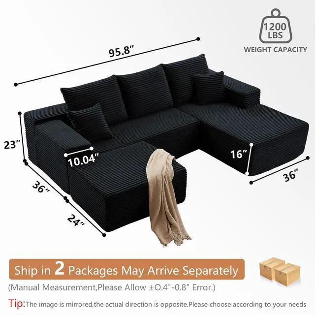 Alt view image 3 of 7 - 95" W Cloud Sectional Couch with Ottoman,Modern U-Shaped Cloud Couch with Deep Seat,Comfy Corduroy 3-Seater Sofa,Memory Foam Sofa for Living Room,No Assembly (Jet Black,Right-Facing Chaise)