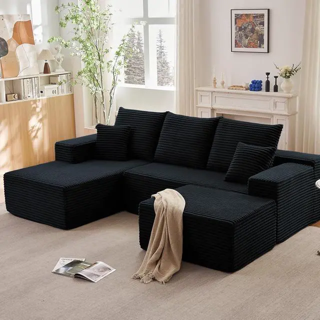 Alt view image 2 of 7 - 95" W Cloud Sectional Couch with Ottoman,Modern U-Shaped Cloud Couch with Deep Seat,Comfy Corduroy 3-Seater Sofa,Memory Foam Sofa for Living Room,No Assembly (Jet Black,Right-Facing Chaise)