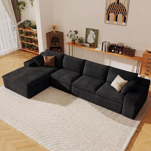 Main image of 136" Cloud Sectional Couch with L-Shape Chaise, Modern Corduroy Viral Boneless Sofa for Living Room,Memory Foam Couches in a Box with Deep Seat,No Assembly Required (Black,Left-Facing Chaise)