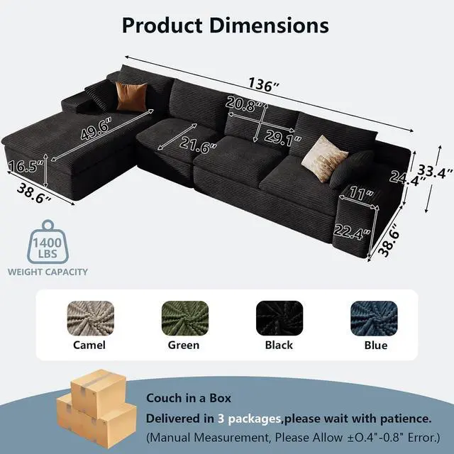 Alt view image 2 of 7 - 136" Cloud Sectional Couch with L-Shape Chaise, Modern Corduroy Viral Boneless Sofa for Living Room,Memory Foam Couches in a Box with Deep Seat,No Assembly Required (Black,Left-Facing Chaise)