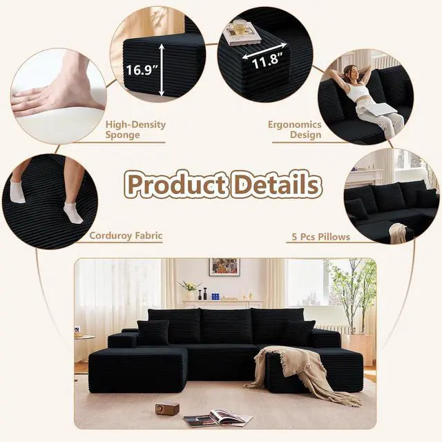 Alt view image 5 of 7 - 95" W Cloud Sectional Couch with Ottoman,Modern U-Shaped Cloud Couch with Deep Seat,Comfy Corduroy 3-Seater Sofa,Memory Foam Sofa for Living Room,No Assembly (Jet Black,Right-Facing Chaise)