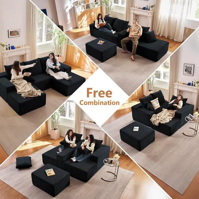 Alt view image 4 of 7 - 95" W Cloud Sectional Couch with Ottoman,Modern U-Shaped Cloud Couch with Deep Seat,Comfy Corduroy 3-Seater Sofa,Memory Foam Sofa for Living Room,No Assembly (Jet Black,Right-Facing Chaise)