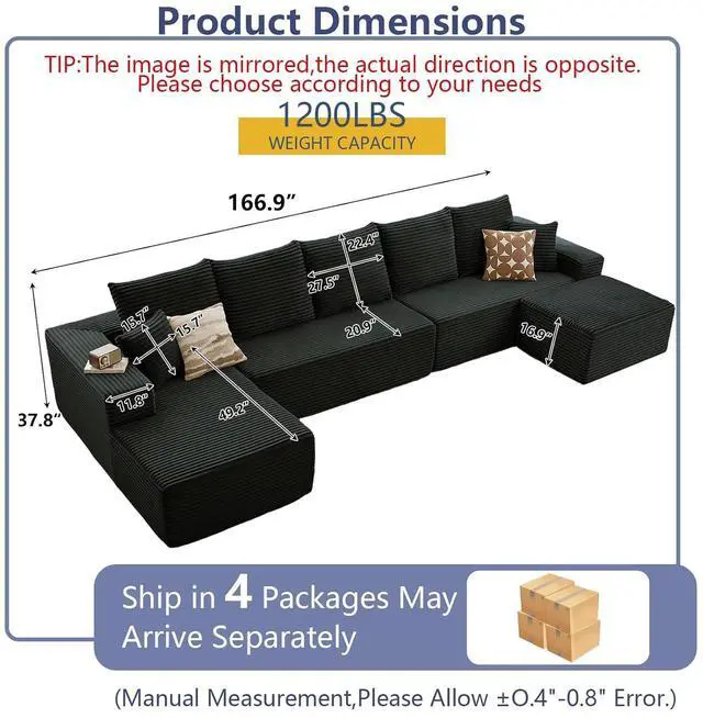 Alt view image 2 of 6 - Cloud Modular Sectional Couch for Living Room, Large U-Shaped Floor Sofa Set with Ottoman & 7 Pillows, 167x69.7 Comfy Fluffy Deep-Seat Corduroy Sofa, No Assembly Required (Black, Left-Facing Chaise)