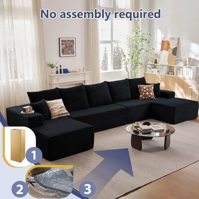 Alt view image 3 of 6 - Cloud Modular Sectional Couch for Living Room, Large U-Shaped Floor Sofa Set with Ottoman & 7 Pillows, 167x69.7 Comfy Fluffy Deep-Seat Corduroy Sofa, No Assembly Required (Black, Left-Facing Chaise)