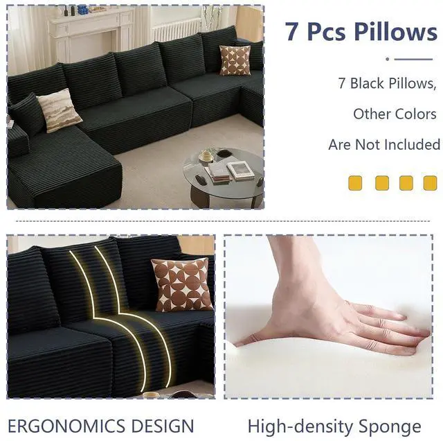 Alt view image 4 of 6 - Cloud Modular Sectional Couch for Living Room, Large U-Shaped Floor Sofa Set with Ottoman & 7 Pillows, 167x69.7 Comfy Fluffy Deep-Seat Corduroy Sofa, No Assembly Required (Black, Left-Facing Chaise)