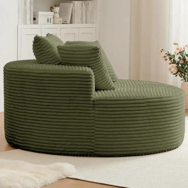 Alt view image 6 of 7 - 55'' Oversized Round Lounge Chair Indoor, Corduroy Upholstered Large Lounge Chaise, Cloud Soft Circle Sofa Bed for Reading,Living Room,Bedroom,No Assembly Required,Green