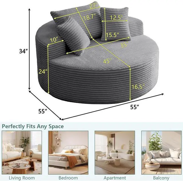 Alt view image 2 of 7 - 55'' Oversized Round Lounge Chair Indoor, Corduroy Upholstered Large Lounge Chaise, Cloud Soft Circle Sofa Bed for Reading,Living Room,Bedroom,No Assembly Required,Grey