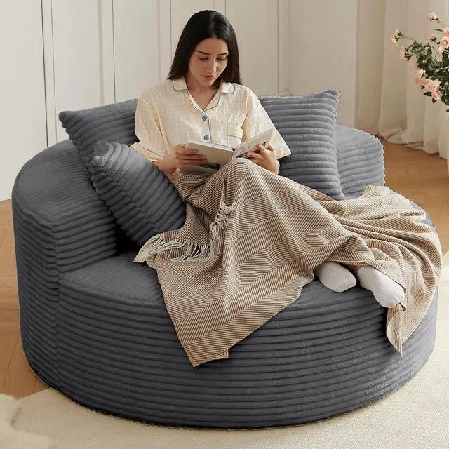 Main image of 55'' Oversized Round Lounge Chair Indoor, Corduroy Upholstered Large Lounge Chaise, Cloud Soft Circle Sofa Bed for Reading,Living Room,Bedroom,No Assembly Required,Grey