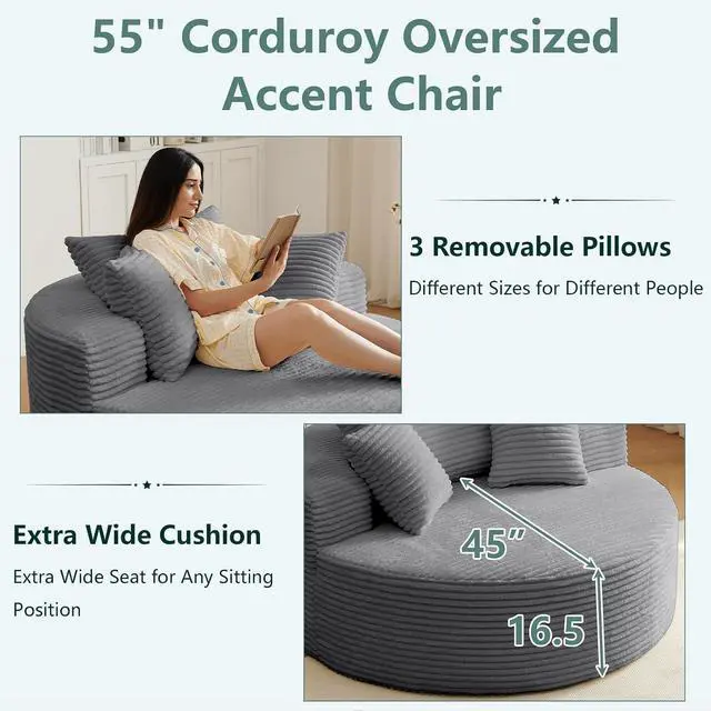 Alt view image 4 of 7 - 55'' Oversized Round Lounge Chair Indoor, Corduroy Upholstered Large Lounge Chaise, Cloud Soft Circle Sofa Bed for Reading,Living Room,Bedroom,No Assembly Required,Grey