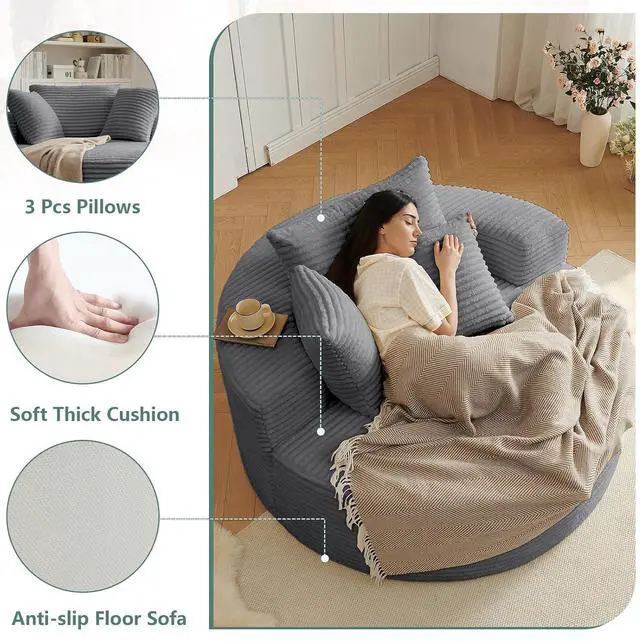 Alt view image 3 of 7 - 55'' Oversized Round Lounge Chair Indoor, Corduroy Upholstered Large Lounge Chaise, Cloud Soft Circle Sofa Bed for Reading,Living Room,Bedroom,No Assembly Required,Grey