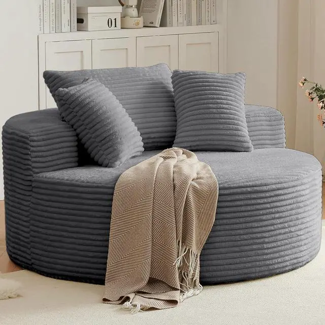 Alt view image 6 of 7 - 55'' Oversized Round Lounge Chair Indoor, Corduroy Upholstered Large Lounge Chaise, Cloud Soft Circle Sofa Bed for Reading,Living Room,Bedroom,No Assembly Required,Grey