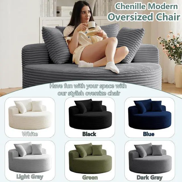 Alt view image 5 of 7 - 55'' Oversized Round Lounge Chair Indoor, Corduroy Upholstered Large Lounge Chaise, Cloud Soft Circle Sofa Bed for Reading,Living Room,Bedroom,No Assembly Required,Grey