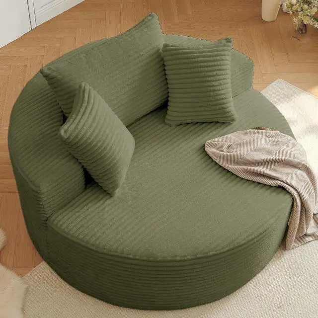 Alt view image 5 of 7 - 55'' Oversized Round Lounge Chair Indoor, Corduroy Upholstered Large Lounge Chaise, Cloud Soft Circle Sofa Bed for Reading,Living Room,Bedroom,No Assembly Required,Green