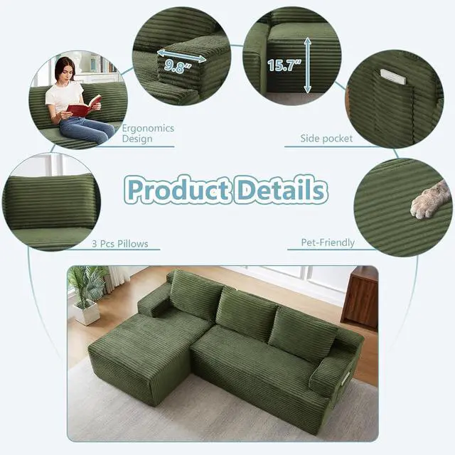 Alt view image 4 of 7 - 96" Cloud Sectional Couch with L-Shape Chaise, Modern Corduroy Boneless Couch for Living Room,Memory Foam Sofa with Deep Seat,No Assembly Required (Green,Left-Facing Chaise)