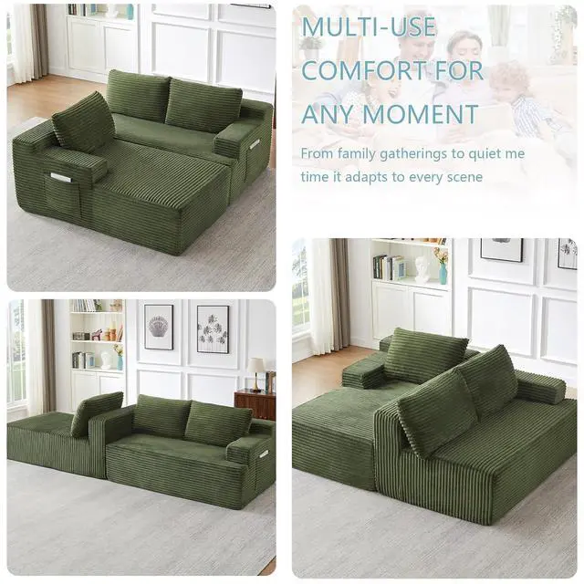 Alt view image 3 of 7 - 96" Cloud Sectional Couch with L-Shape Chaise, Modern Corduroy Boneless Couch for Living Room,Memory Foam Sofa with Deep Seat,No Assembly Required (Green,Left-Facing Chaise)