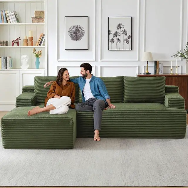Alt view image 5 of 7 - 96" Cloud Sectional Couch with L-Shape Chaise, Modern Corduroy Boneless Couch for Living Room,Memory Foam Sofa with Deep Seat,No Assembly Required (Green,Left-Facing Chaise)