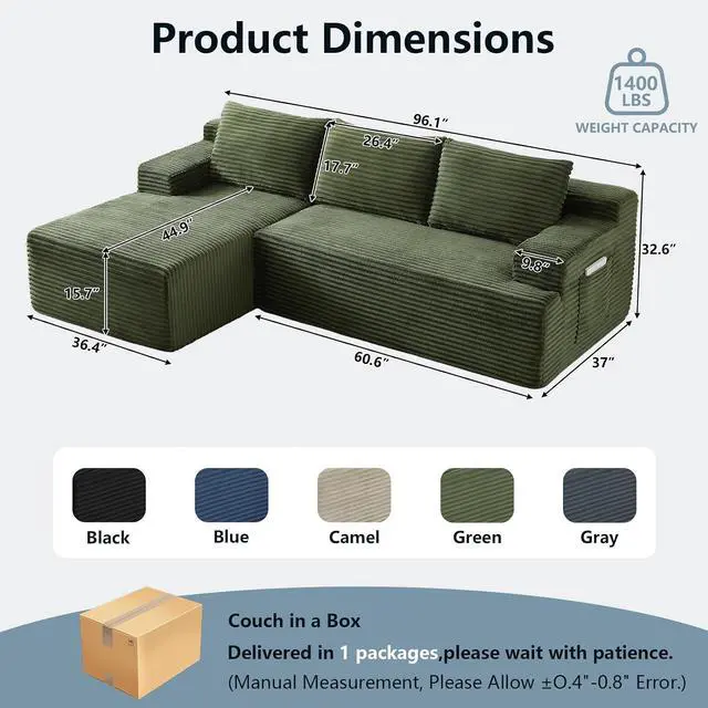 Alt view image 2 of 7 - 96" Cloud Sectional Couch with L-Shape Chaise, Modern Corduroy Boneless Couch for Living Room,Memory Foam Sofa with Deep Seat,No Assembly Required (Green,Left-Facing Chaise)
