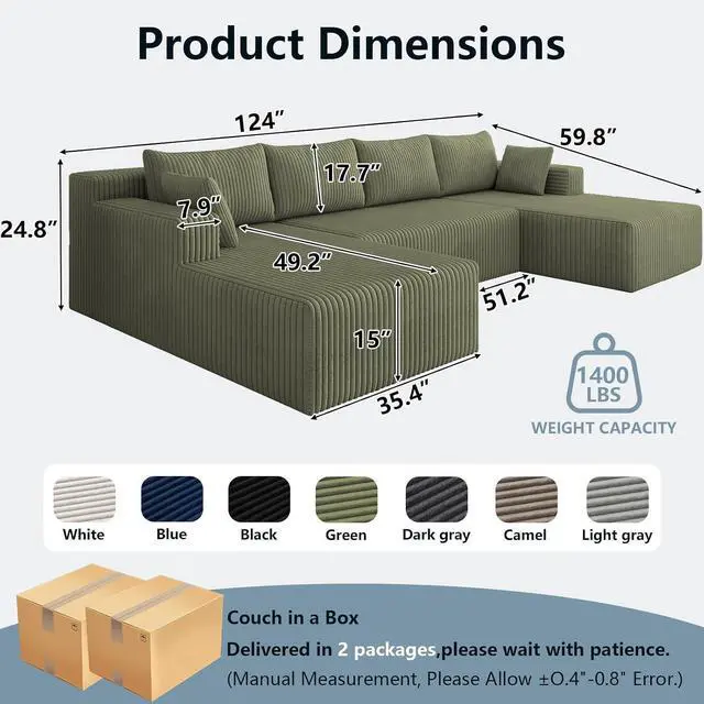 Alt view image 2 of 7 - 124" Cloud Sectional Couch,Modern U-Shaped Boneless Couch with Deep Seat,Comfy Corduroy 4-Seater Sofa,Memory Foam Sofa for Living Room,No Assembly Required (Green)