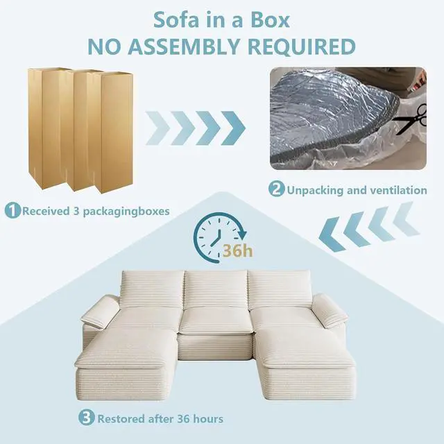 Alt view image 6 of 6 - 111" Cloud Sectional Couch with U-Shaped Chaise,Corduroy Viral Boneless Sofa with Ottoman,Memory Foam Couces in a Box with Deep Seat for Living Room,No Assembly Required (White)