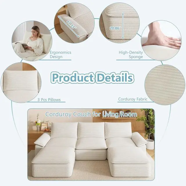Alt view image 4 of 6 - 111" Cloud Sectional Couch with U-Shaped Chaise,Corduroy Viral Boneless Sofa with Ottoman,Memory Foam Couces in a Box with Deep Seat for Living Room,No Assembly Required (White)