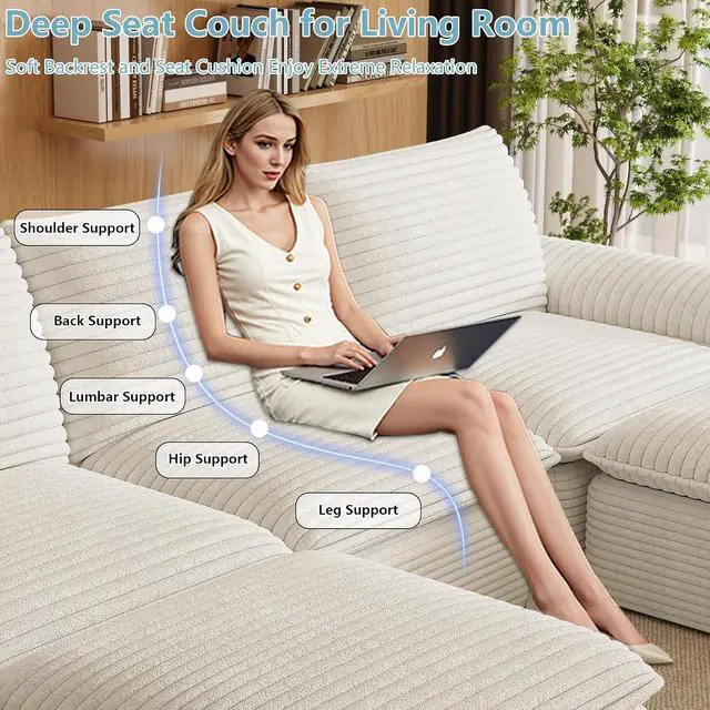 Alt view image 5 of 6 - 111" Cloud Sectional Couch with U-Shaped Chaise,Corduroy Viral Boneless Sofa with Ottoman,Memory Foam Couces in a Box with Deep Seat for Living Room,No Assembly Required (White)