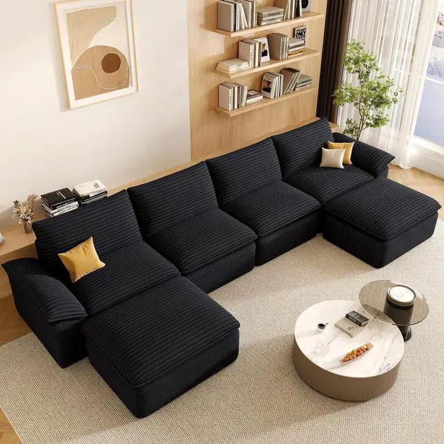 Main image of 142" Cloud Sectional Couch with U-Shaped Chaise,Corduroy Viral Boneless Sofa with Ottoman,Memory Foam Couces in a Box with Deep Seat for Living Room,No Assembly Required (Black)